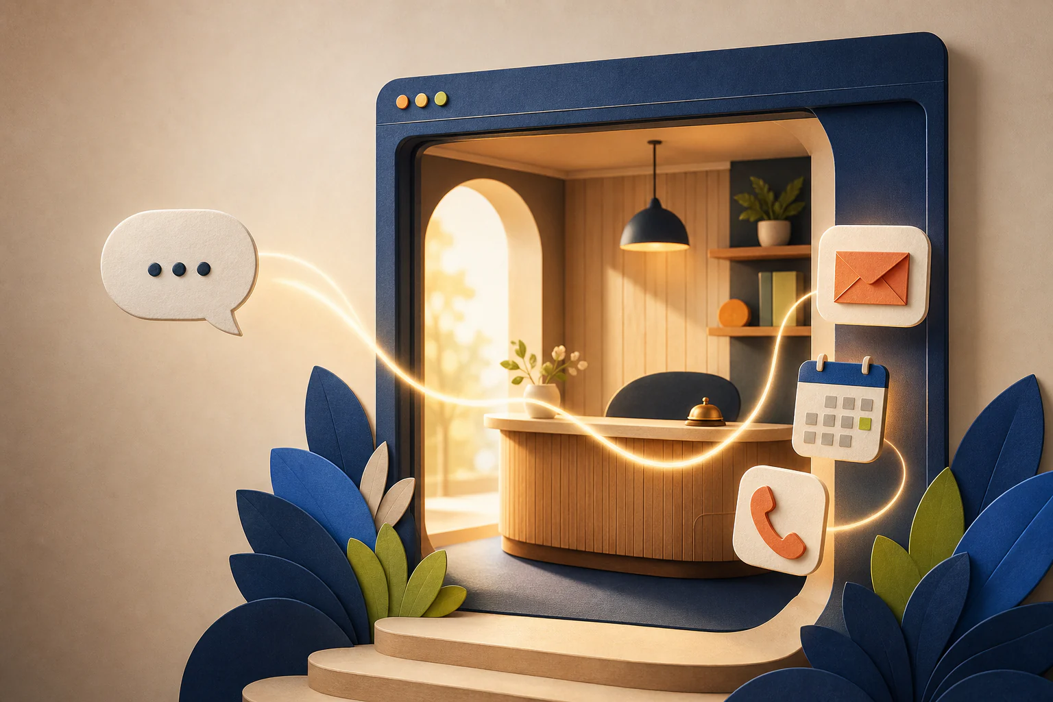 A warm illustrated front desk inside a browser, connected to messages, email, calendar, and phone
