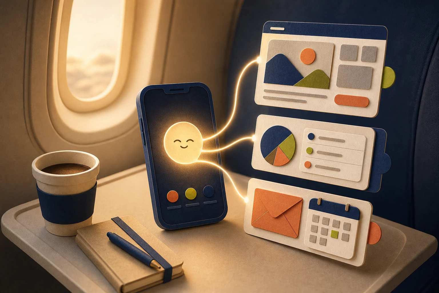 A warm handcrafted phone companion organizing a website, strategy work, email, and calendar from an airplane tray table